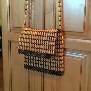 Brown & Tan Long Strap Beaded Shoulder Bag / Purse